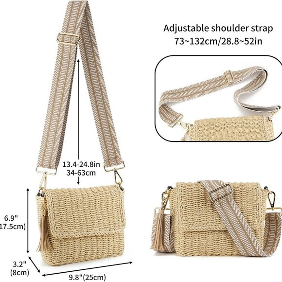 Women's Summer Straw Braided Crossbody Bag with Tassel Chain and Adjustable Stra - Picture 3 of 6